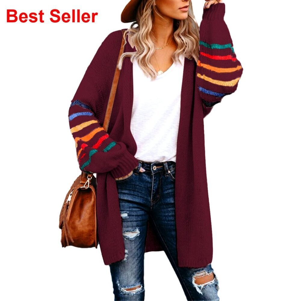 Long Open Front Cardigan Striped Loose Knit Sweater Coat Outwear